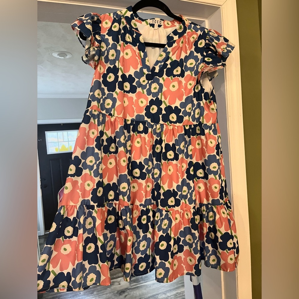 Floral boutique dress navy, blue, and pink flowers large